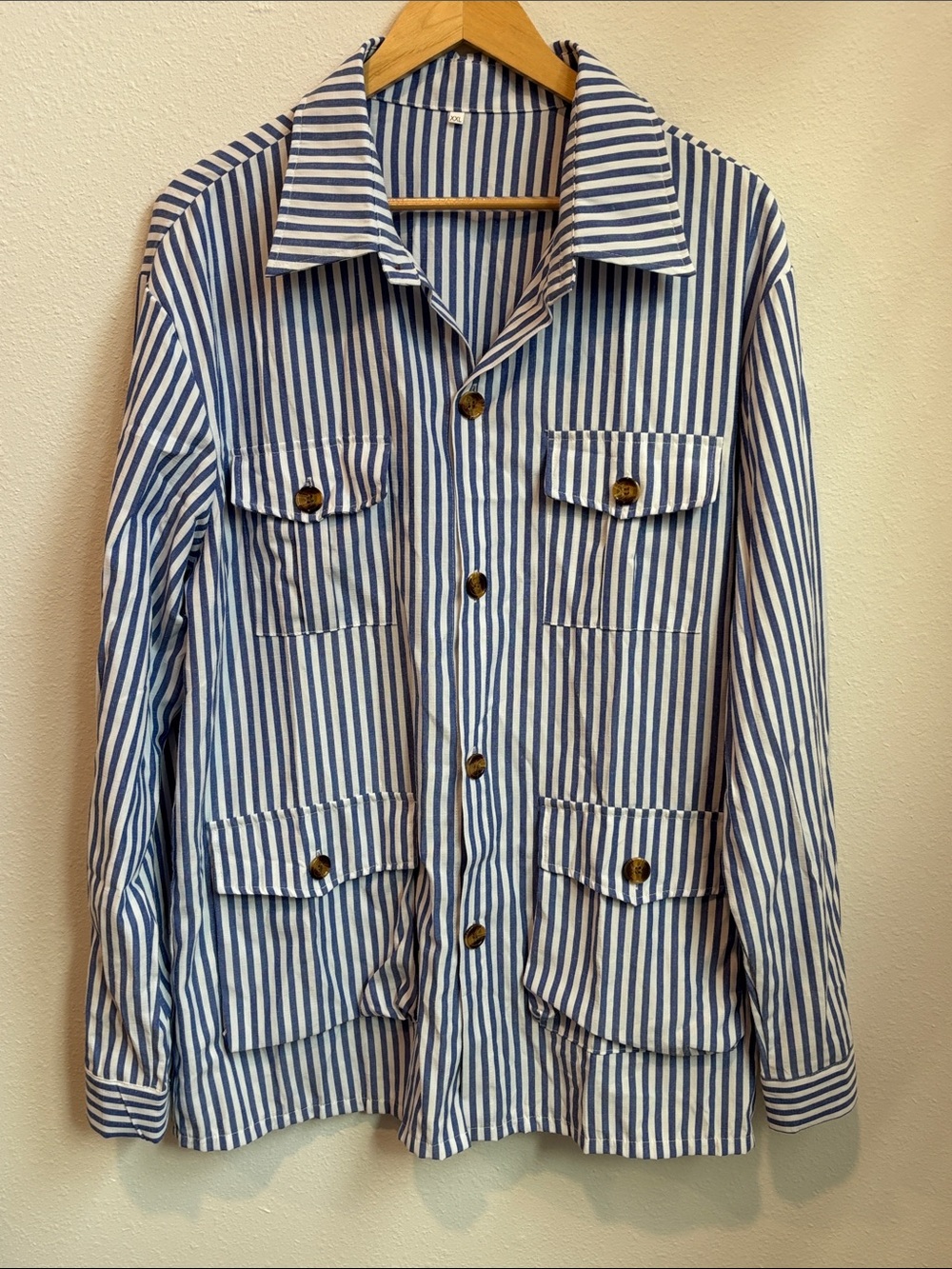 Blue & White Striped Utility Oversized Button Down Top Women XXL